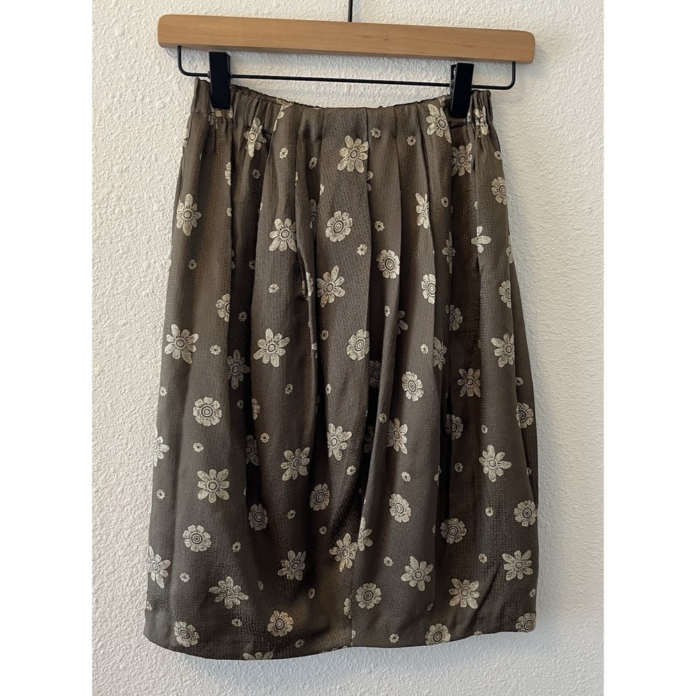 Vintage 90's Anne Klein Skirt Size 2 100% Silk Pencil Olive Green Floral Career